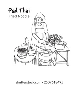 Chef cooking Pad Thai, Street food in Thailand. Drawing style vector illustration.