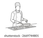 A Chef Cooking In A Pan On Stove. Vector Monochrome Line Drawing Illustration Isolated On A White Background.