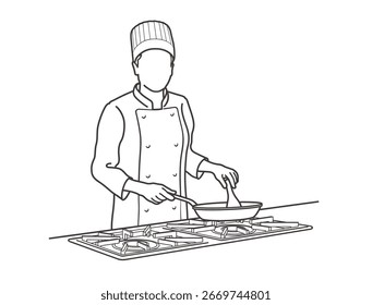 Un Chef Cocinando En Una Sartén En La Estufa. Ilustración De Dibujo De Línea Monocromática De Vector Aislada Sobre Un Fondo Blanco.