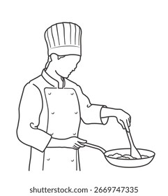 Un Chef Cocinando En Una Sartén. Ilustración De Dibujo De Línea Monocromática De Vector Aislada Sobre Un Fondo Blanco.
