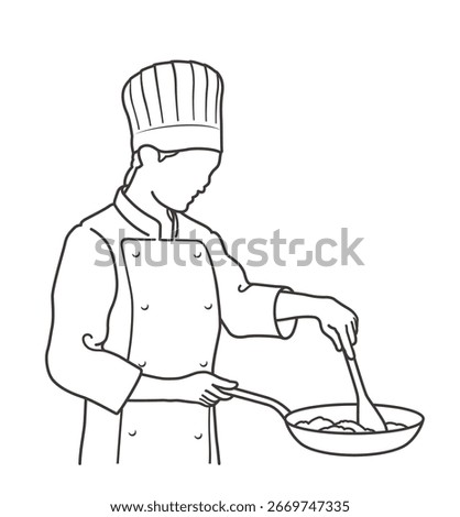 A Chef Cooking In A Pan. Vector Monochrome Line Drawing Illustration Isolated On A White Background.

