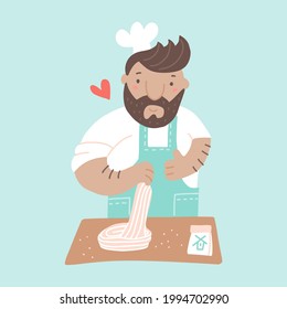 Chef cooking pasta in restaurant. Master makes dish from dough. Professional culinary show flat vector illustration. Homemade lunch or dinner meal, preparing food process.