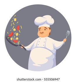 Chef cooking pasta sauce in restaurant or hotel kitchen. Cute cook in uniform holding pan and toss vegetables. Cartoon smile kitchener making healthy wok food. Professional master catering service