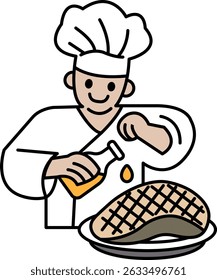 A chef is cooking a piece of meat and pouring oil on it. The chef is smiling and he is enjoying the process