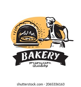 Chef cooking pizza. Bakery logo design template. Vector illustration