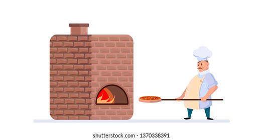 Chef cooking pizza in big bake. Vector illustrations in cartoon style
