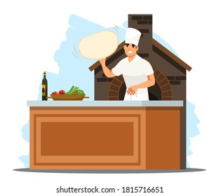 Chef cooking pizza in restaurant kitchen oven. Master makes dish from dough. Professional culinary show vector illustration. Homemade lunch or dinner meal, preparing food process.