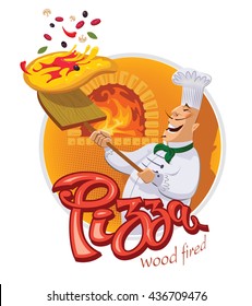 Chef cooking a pizza and throws a shovel. Vector illustration