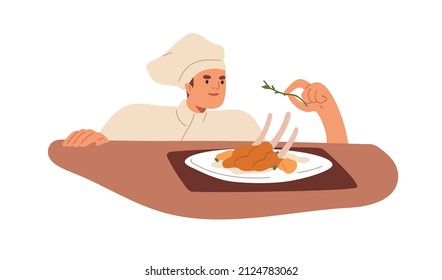 Chef cooking restaurant dish, decorating meat with greens. Cook preparing food, haute cuisine meal, adding final touch. Fine dining concept. Flat vector illustration isolated on white background