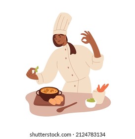 Chef cooking restaurant dish, decorating it with greens, seasonings. Woman cook preparing food, soup. Culinary art, refined cuisine concept. Flat vector illustration isolated on white background