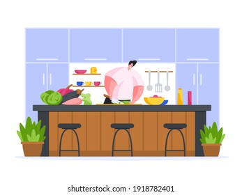Cocina de chef en cocina de restaurante ilustración vectorial plana. El carácter masculino recorta profesionalmente una ensalada de verduras exótica y una mesa grande. Deliciosas y saludables obras de arte de la cocina.