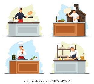 Chef cooking in restaurant kitchen illustration set. Master cooks meals: meat with spices and vegetable salad, pizza, pancakes, bakes bread. Professional culinary show vector.