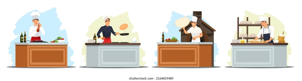 Chef cooking in restaurant kitchen illustration set. Master cooks meals: meat with spices and vegetable salad, pizza, pancakes, bakes bread. Professional culinary show vector illustration svg