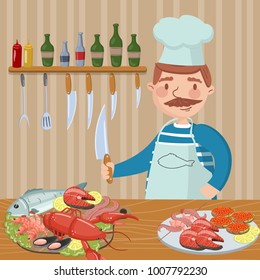 Chef cooking seafood on th kitchen vector illustration, cartoon style design element for poster or banner