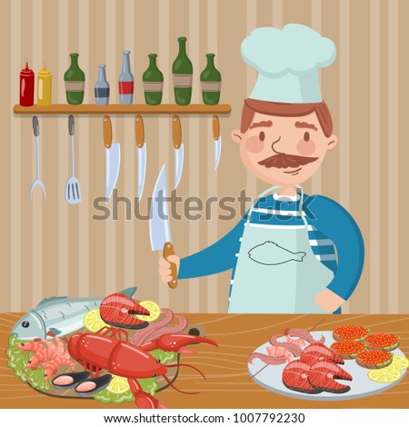 Chef cooking seafood on th kitchen vector illustration, cartoon style design element for poster or banner