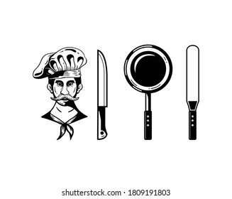 Chef cooking set black and white illustration