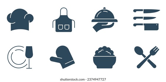 Chef  Cooking solid Icon Set. chef instrument, Kitchen apron, knife, chef's hat, beaker, rice symbols vector