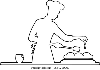 A chef cooking some food, vector line art illustration.