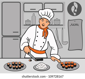 chef is cooking sushi