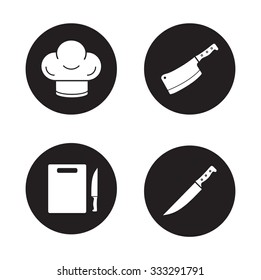 Chef cooking tools black icons set. Chef's hat and meat cleaver circle symbols. Cutting board and big slicing knife. Restaurant kitchen items. White silhouettes illustrations. Vector pictograms