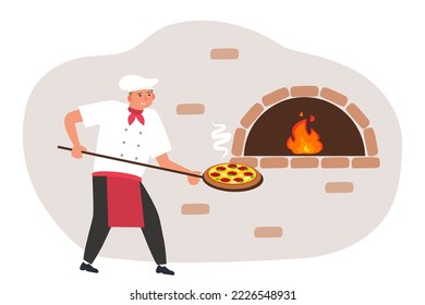 Chef Cooking Traditional Pizza In Stone Oven With Fire Vector Illustration