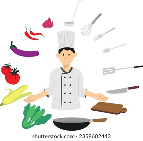 chef with cooking utensils and vegetables 
for menu and recipe books, illustrations, flat vector design
