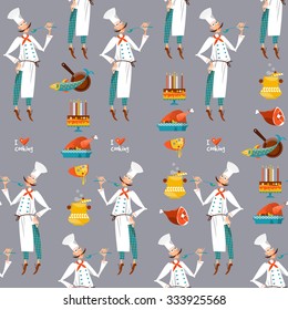 Chef cooking with various ingredients. I love cooking. Seamless background pattern. Vector illustration