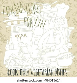 Chef for cooking, vegetarian dishes. Vector.
