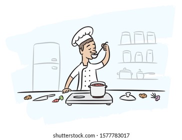 Chef cooks dish in kitchen vector illustration. Ccartoon character chef with pan and soup ladle tries taste of dish.
