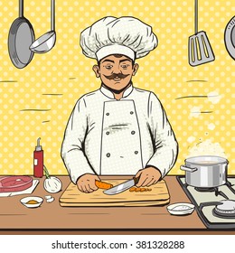 Chef cooks food pop art style vector illustration. Human illustration. Comic book style imitation. Vintage retro style. Conceptual illustration