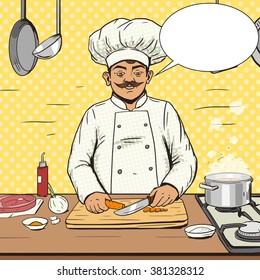 Chef cooks food pop art style vector illustration. Human illustration. Comic book style imitation. Vintage retro style. Conceptual illustration