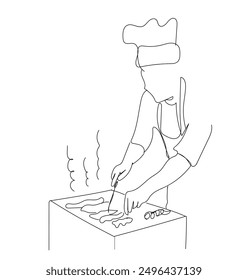 Chef cooks kebabs. Continuous one line drawing of barbecue grill. linear drawing of  grill food, chicken on a tong. Delicious meal. Vector graphics