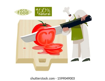 Chef cooks ketchup. Character slices ripe tomato by big knife on wooden board. Landing page, green and red colored vector illustration EPS 10 isolated on white