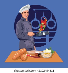 The chef cooks in the kitchen and demonstrates his skills