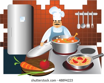 Chef cooks in a kitchen. Serious man cooking hotchpotch and spaghetti with vegetables on electric cooker