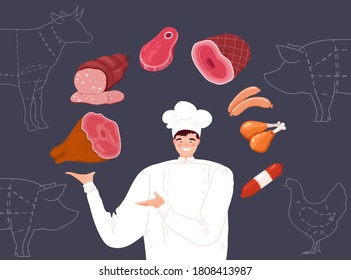 Chef cooks meat vector illustration. Cartoon happy butcher or chef character in uniform juggling with meat ingredient, pork leg, beef steak sausages and cooked chicken legs before cooking background
