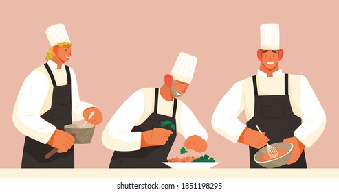 Chef and cooks prepare dishes. Catering and eating out . Cook's profession. Restaurant menu. Sous chef cooks dish, puts greens on a plate. Male cook beat sauce with a whisk. Flat image illustration