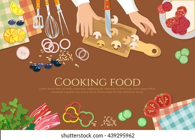 El chef cocina cocinando las manos en la mesa de cocina ilustración vectorial