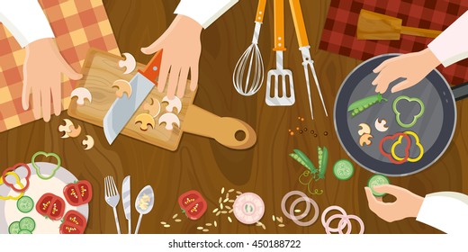 Chef cooks preparing food top view cook hands on the kitchen table vector illustration 