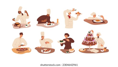 Chef cooks at restaurant kitchen, cooking dishes set. Culinary professionals decorating, adding final touch, finishing meal preparation. Flat graphic vector illustrations isolated on white background