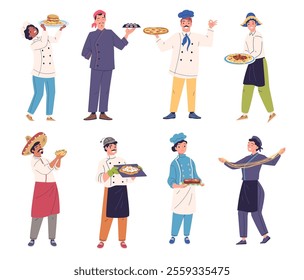 Chef country characters. Professional chief cook different cuisines, cookery japan italian mexican oriental food dishes preparation, culinary profession classy vector illustration original artwork