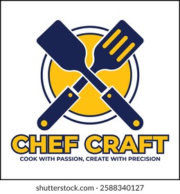 chef craft logo illustration vector design with spatula in yellow and blue colors. suitable for logos, icons, posters, advertisements, banners, companies, t-shirt designs, stickers, websites.