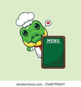 chef crocodile mascot cartoon character with menu board.
chef animal cartoon vector illustration suitable for for poster, brochure, web, mascot, sticker, logo, icon, etc.