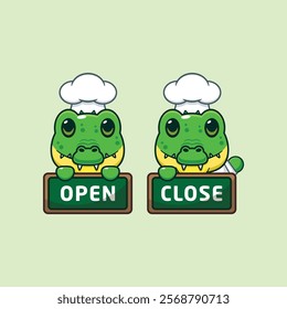 chef crocodile mascot cartoon character with open and close board.
chef animal cartoon vector illustration suitable for for poster, brochure, web, mascot, sticker, logo, icon, etc.