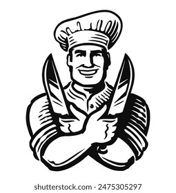 Chef crossed arms with meat cutting knives. Happy male cook emblem. Butcher shop logo black and white