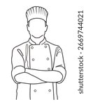 A Chef With Crossed Arms. Vector Monochrome Line Drawing Illustration Isolated On A White Background.
