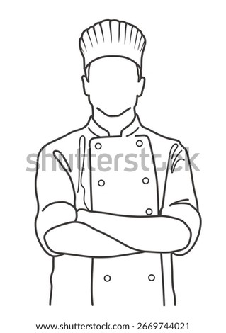 A Chef With Crossed Arms. Vector Monochrome Line Drawing Illustration Isolated On A White Background.
