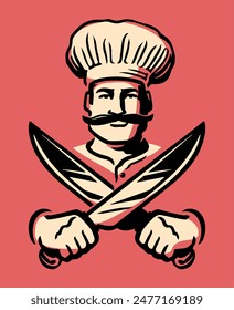 Chef with crossed knives preparing meat for doner kebab. Eastern fast food emblem, label or logo