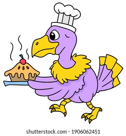 The chef crow serves pie food, doodle draw kawaii. vector illustration art