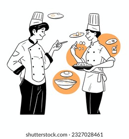 A chef and a customer brainstorming ideas for a new dish, vector illustration